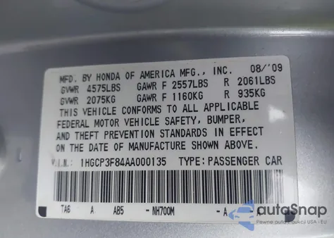 2010 Honda Accord 3.5 Ex-L from USA, damaged, VIN 1HGCP3F84AA000135